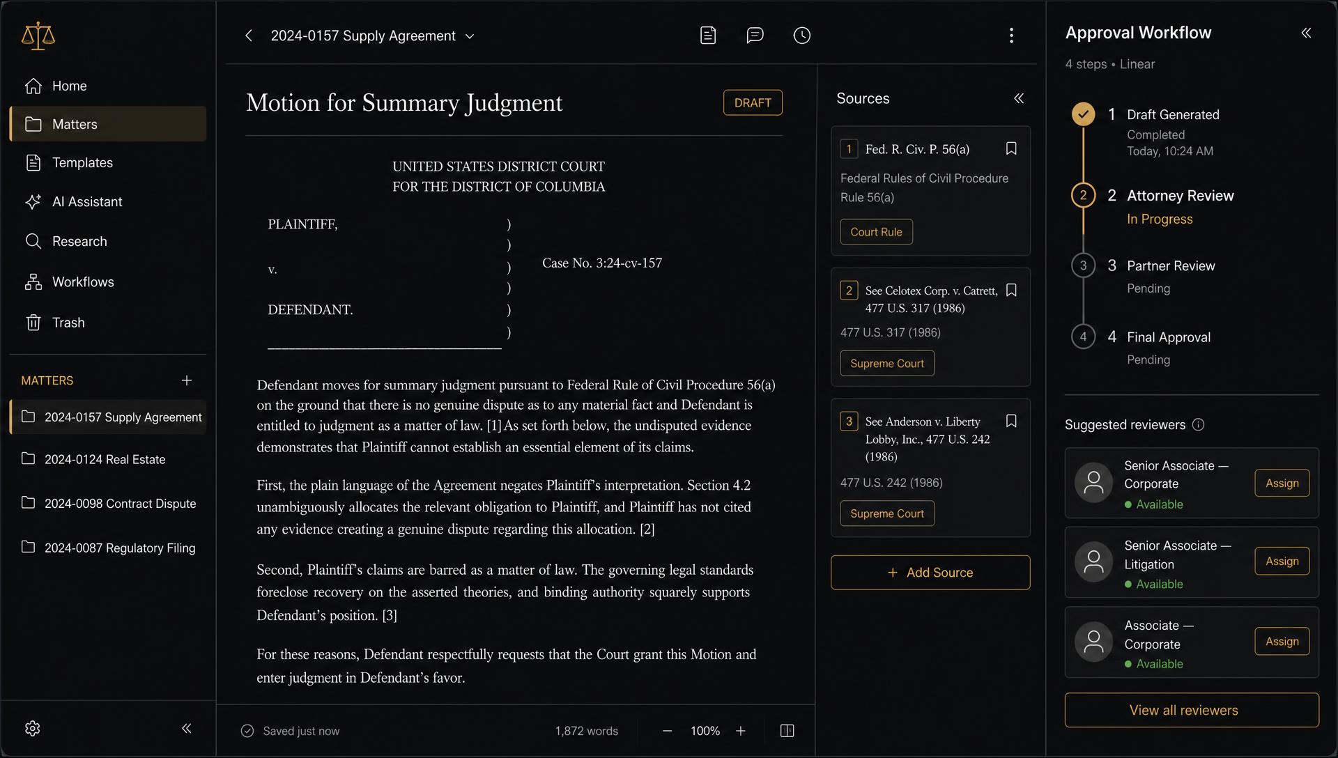 Legal workflow interface showing a matter list, a cited draft document and an attorney approval workflow