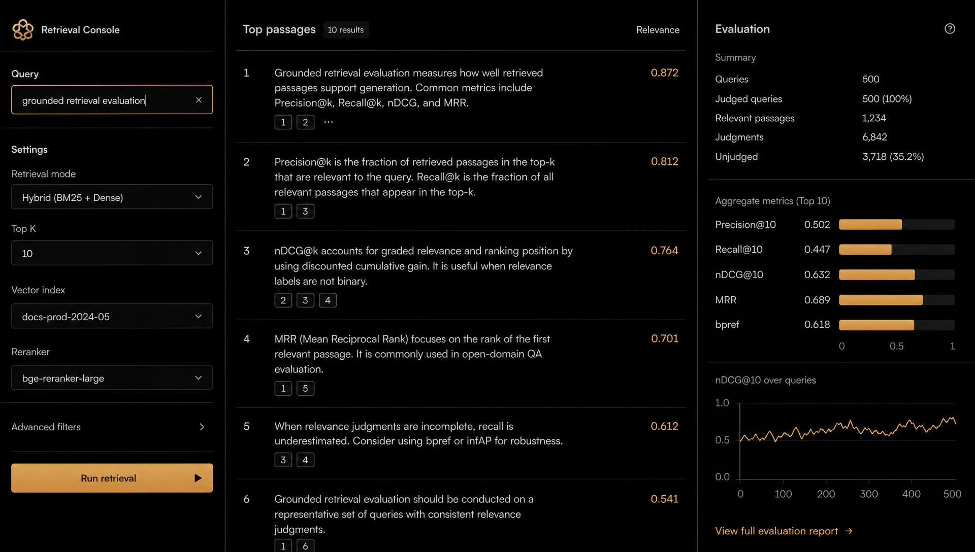 Retrieval console interface showing a query, ranked passages with citations and an evaluation metrics panel